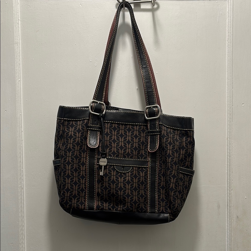 Fossil Black and Brown Structured Tote Bag